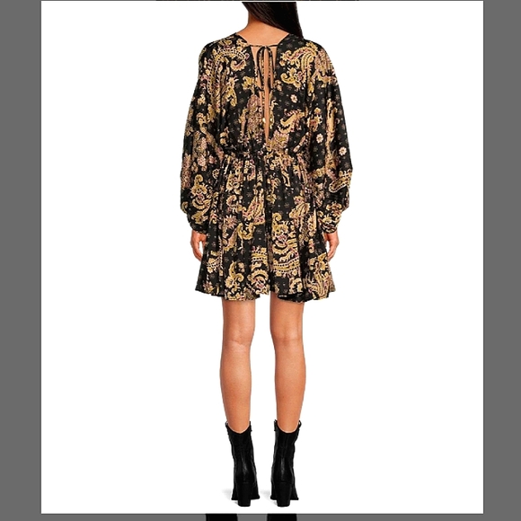 FREE People | Printed Deep V-Neck Long Blouson Sleeve Mini Dress - Picture 5 of 7